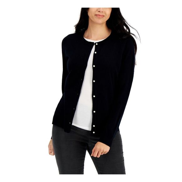 KAREN SCOTT Sweaters - KAREN SCOTT Womens Black Knit Pearlized Button Cardigan Button Up Sweater S